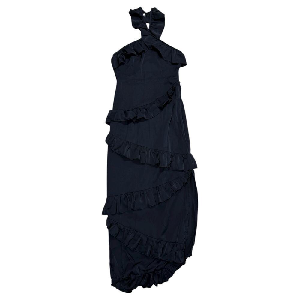 Pretty Little Thing Black Frilled Tiered Halter Midi Dress Size 2